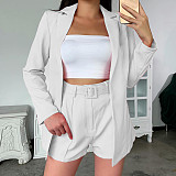 Solid Blazer Jacket With Belt Shorts Set