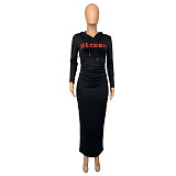 Letter Print Long Sleeve Hooded Pleated Dress