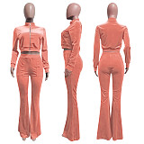 Velvet Solid Zip Jacket Crop Top Flared Pants Set