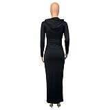 Letter Print Long Sleeve Hooded Pleated Dress