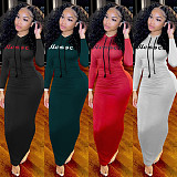 Letter Print Long Sleeve Hooded Pleated Dress