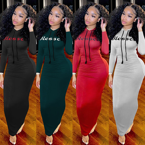 Letter Print Long Sleeve Hooded Pleated Dress