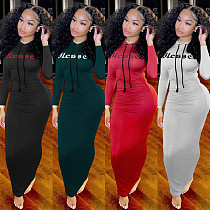 Letter Print Long Sleeve Hooded Pleated Dress Letter Print Long Sleeve Hooded Pleated Dress