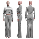 Velvet Solid Zip Jacket Crop Top Flared Pants Set