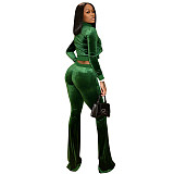 Velvet Solid Zip Jacket Crop Top Flared Pants Set