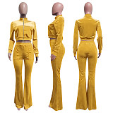 Velvet Solid Zip Jacket Crop Top Flared Pants Set