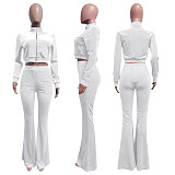 Velvet Solid Zip Jacket Crop Top Flared Pants Set