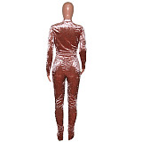 Velvet Zipper Folds Pants Two Piece Set