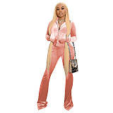 Velvet Solid Zip Jacket Crop Top Flared Pants Set