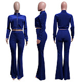 Velvet Solid Zip Jacket Crop Top Flared Pants Set