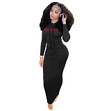 Letter Print Long Sleeve Hooded Pleated Dress