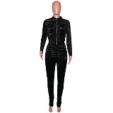 Velvet Zipper Folds Pants Two Piece Set