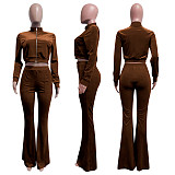 Velvet Solid Zip Jacket Crop Top Flared Pants Set