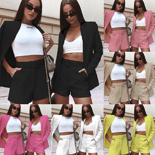 Solid Blazer Jacket With Belt Shorts Set