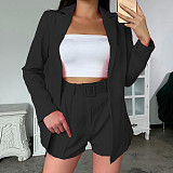 Solid Blazer Jacket With Belt Shorts Set