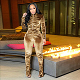 Velvet Zipper Folds Pants Two Piece Set
