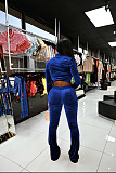 Velvet Solid Zip Jacket Crop Top Flared Pants Set