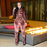 Velvet Zipper Folds Pants Two Piece Set