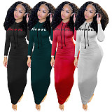 Letter Print Long Sleeve Hooded Pleated Dress