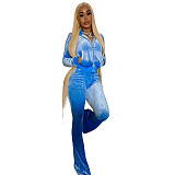 Velvet Solid Zip Jacket Crop Top Flared Pants Set