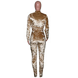Velvet Zipper Folds Pants Two Piece Set