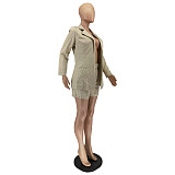 Solid Blazer Jacket With Belt Shorts Set