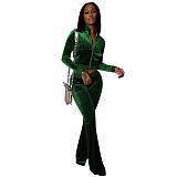 Velvet Solid Zip Jacket Crop Top Flared Pants Set