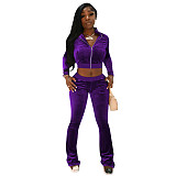 Velvet Solid Zip Jacket Crop Top Flared Pants Set