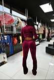 Velvet Solid Zip Jacket Crop Top Flared Pants Set
