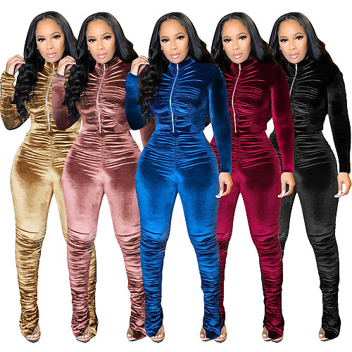 Velvet Zipper Folds Pants Two Piece Set