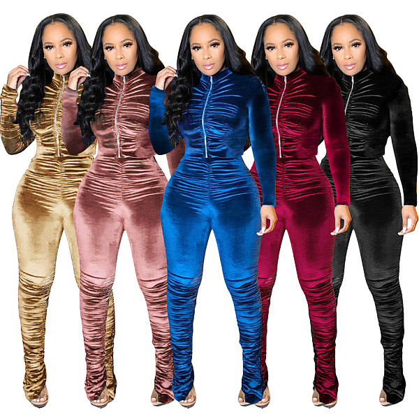 Velvet Zipper Folds Pants Two Piece Set
