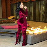 Velvet Zipper Folds Pants Two Piece Set