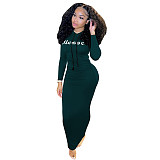 Letter Print Long Sleeve Hooded Pleated Dress