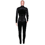 Velvet Zipper Folds Pants Two Piece Set