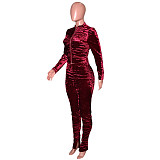 Velvet Zipper Folds Pants Two Piece Set