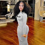 Letter Print Long Sleeve Hooded Pleated Dress