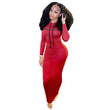 Letter Print Long Sleeve Hooded Pleated Dress