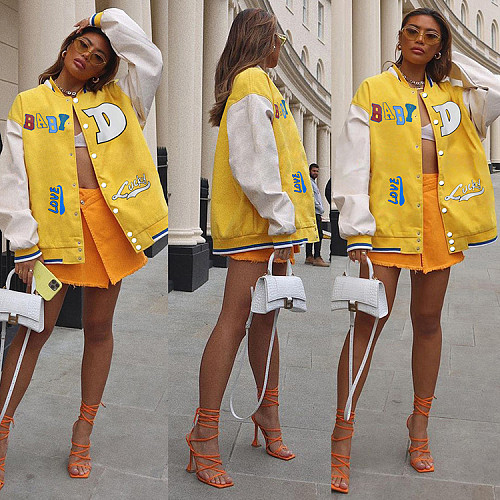 Loose Stitching Single Breasted Baseball Jacket Tops
