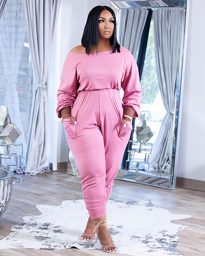 Solid Long Sleeve Trousers Pleated Jumpsuit
