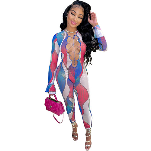 Flare Sleeve Print Hollow Out Bandage Jumpsuit