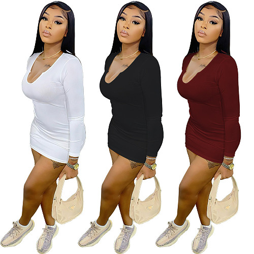 Low-Cut Deep V Neck Long Sleeve Bodycon Dress