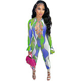 Flare Sleeve Print Hollow Out Bandage Jumpsuit