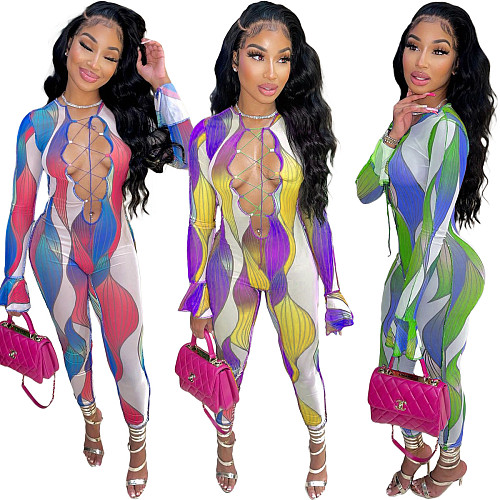 Flare Sleeve Print Hollow Out Bandage Jumpsuit