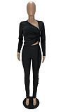 Irregular Drawstring Crop Top Long Pants Set