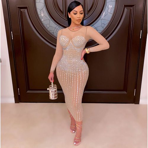 Hot Drilling Mesh See Through Patchwork Dress