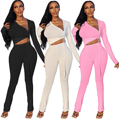 Irregular Drawstring Crop Top Long Pants Set