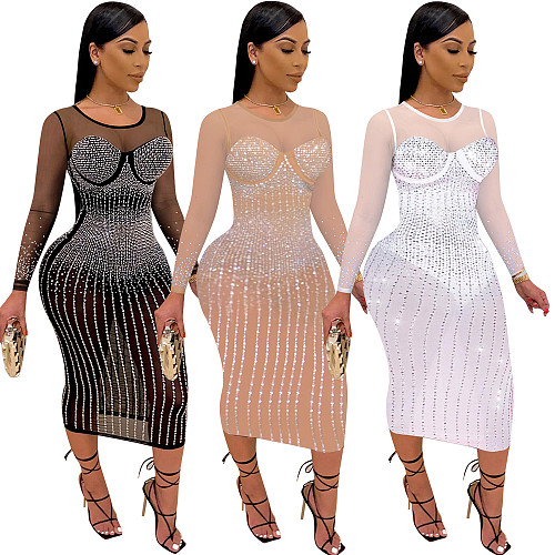 Hot Drilling Mesh See Through Patchwork Dress