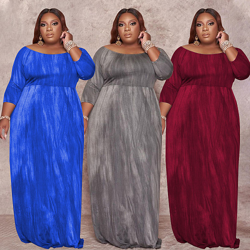 Plus Size Print Long Sleeve Floor Length Dress