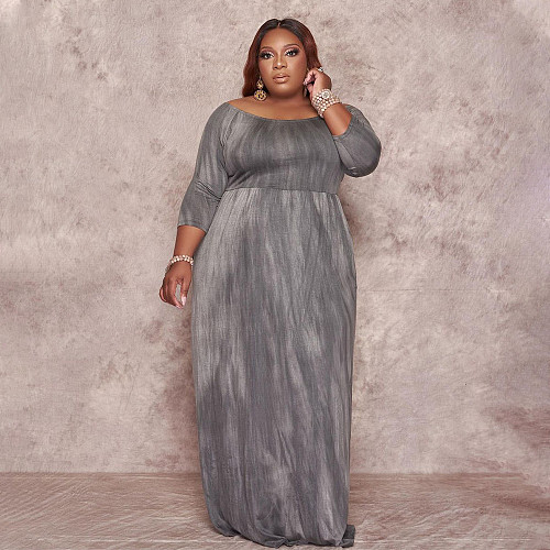 Plus Size Print Long Sleeve Floor Length Dress