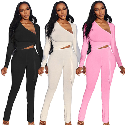 Irregular Drawstring Crop Top Long Pants Set